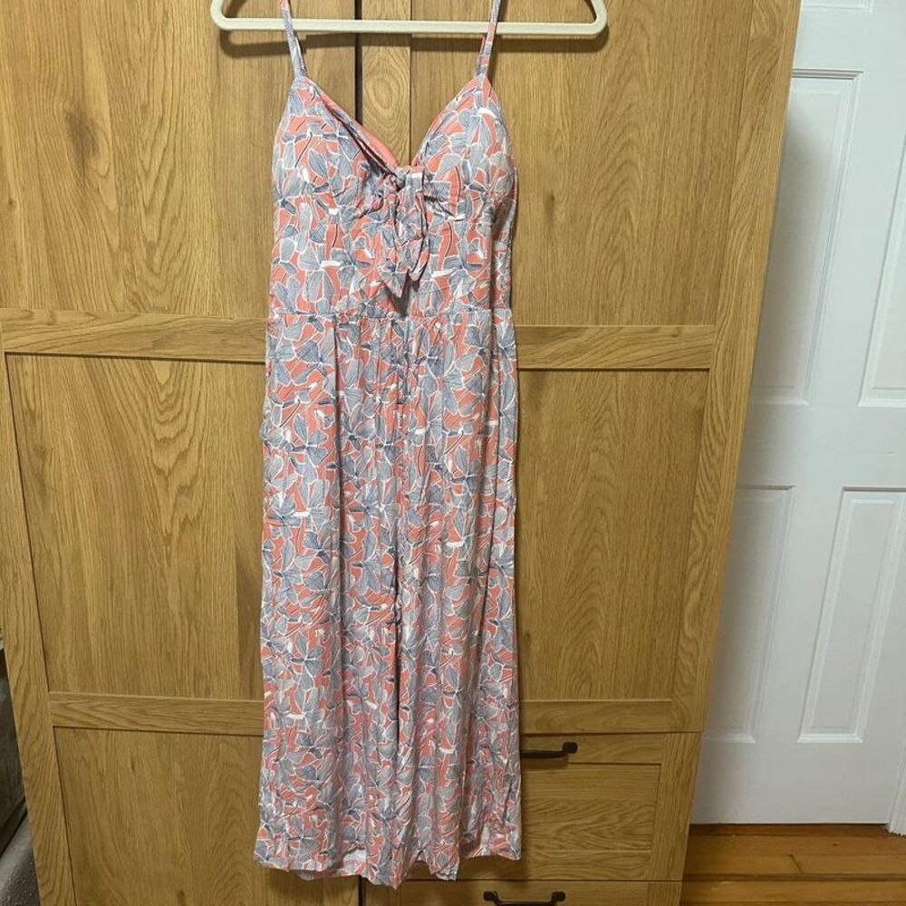 Women’s Large Coral Floral Wide Leg Jumpsuit Smocked Back Tie Front Boho
